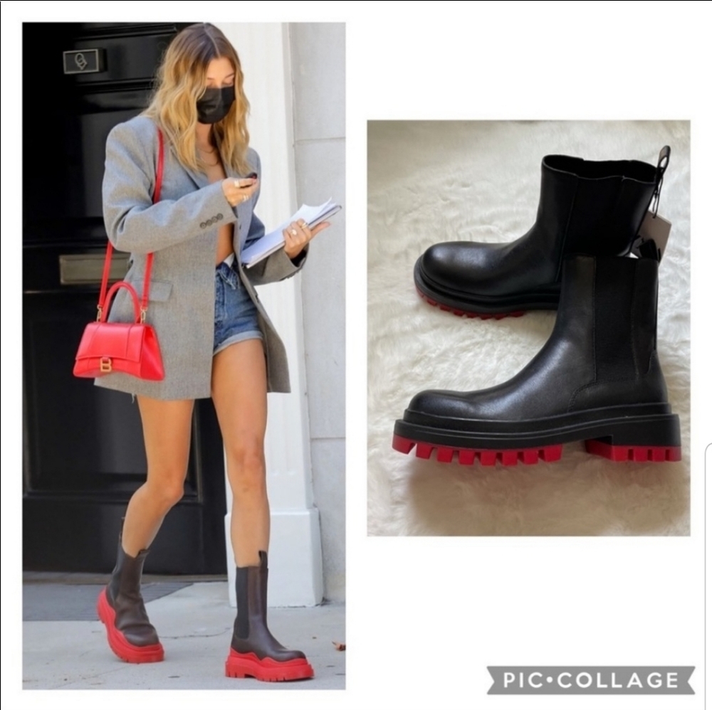 EUC Zara Black/Red Genuine Leather Lug Track sole boots size 40